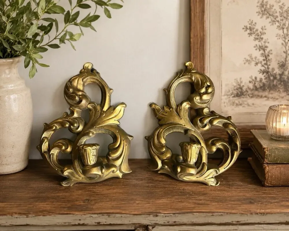 Vintage Holland Mold Gold Tone Metal Wall Candle Sconces Pair Ornate Baroque